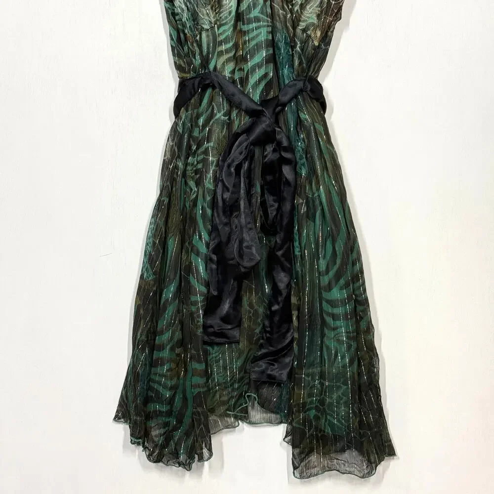 Ulla Popken Chiffon Midi Dress Size 20/22 Green Animal Print Metallic‎ Tie Waist